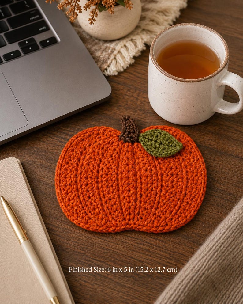 pumpkin mug rug, fall mug rug pattern, crochet mug rug, pumpkin coaster, fall crochet pdf, autumn crochet, crochet pattern pdf, thanksgiving decor, fall table decor, pumpkin crochet, seasonal mug rug, crochet coaster, ribbed pumpkin