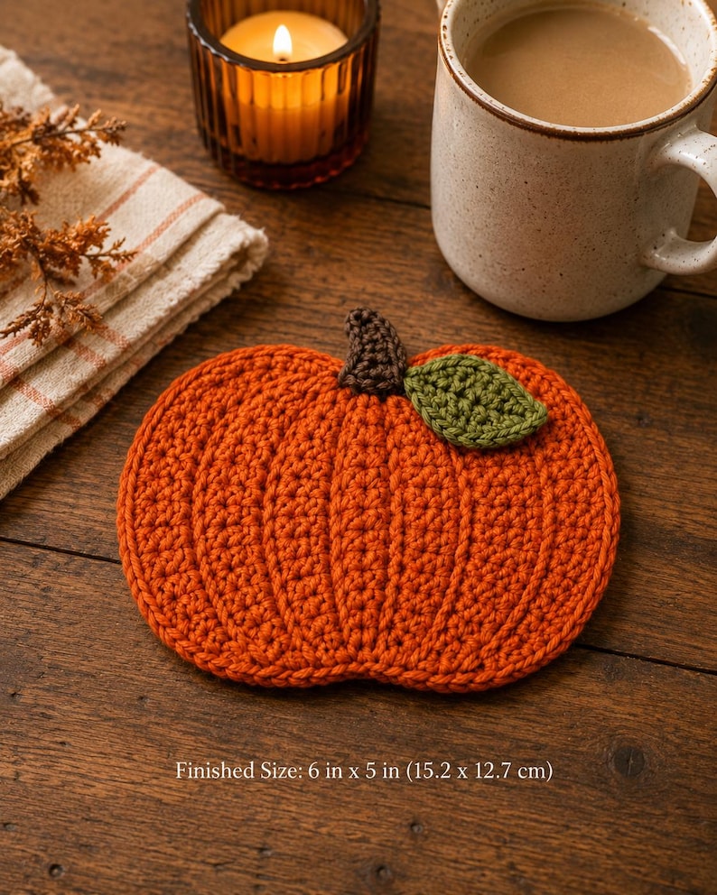May include: A pumpkin-shaped crochet coaster in bright orange yarn with a dark brown stem and a single green leaf. The coaster measures 6 inches by 5 inches. The design features vertical ribbed stitching to mimic the texture of a pumpkin.