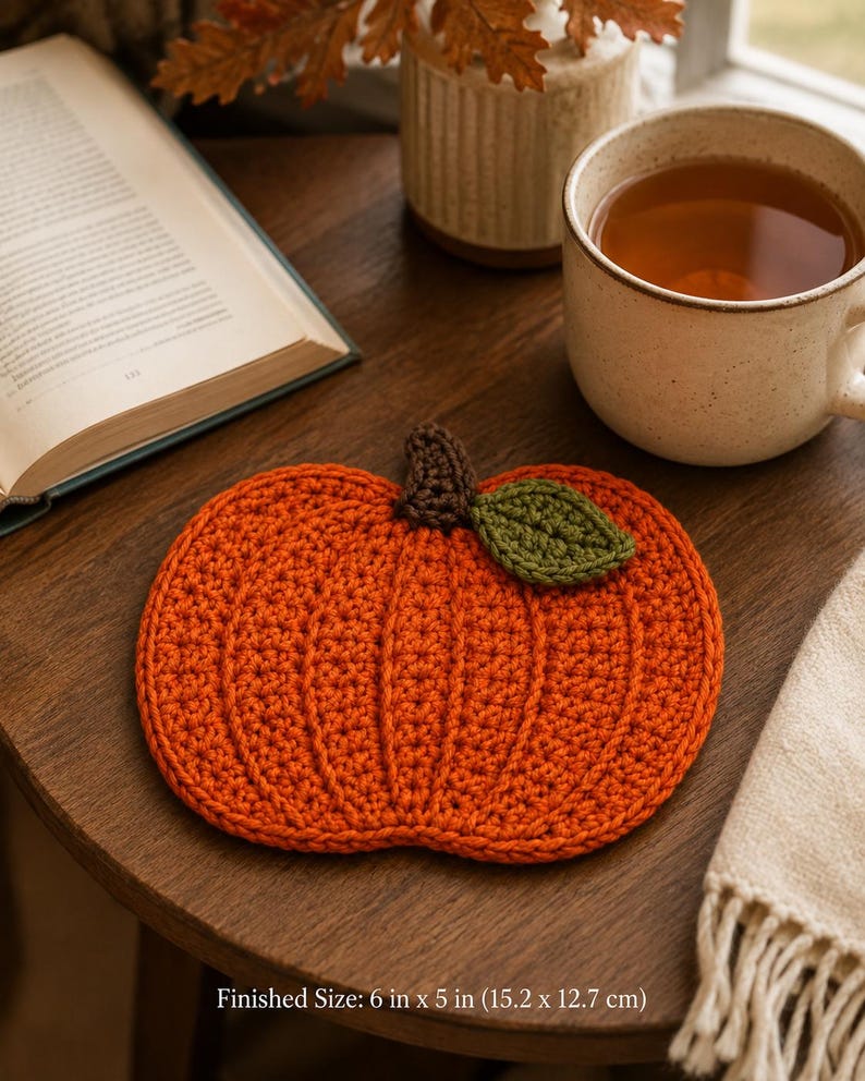 pumpkin mug rug, fall mug rug pattern, crochet mug rug, pumpkin coaster, fall crochet pdf, autumn crochet, crochet pattern pdf, thanksgiving decor, fall table decor, pumpkin crochet, seasonal mug rug, crochet coaster, ribbed pumpkin