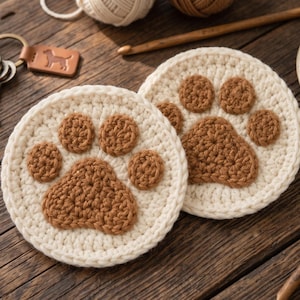 May include: Two round, cream-colored crochet coasters, each featuring a brown crocheted paw print design in the center. The coasters are circular with a textured, stitched surface, showcasing a clear contrast between the light base and the dark paw.