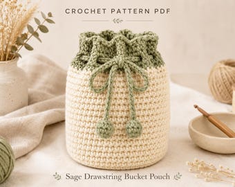 Drawstring Bucket Bag Crochet Pattern PDF | Sage & Cream Chunky Cotton Pouch | Digital download