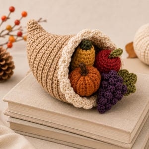Pode incluir: Uma cornucópia de crochê bege com uma borda festonada creme, preenchida com uma coleção de pequenas frutas e vegetais de crochê recheados, incluindo uma pera amarela, uma maçã vermelha, uma abóbora laranja e um cacho de uvas roxas.
