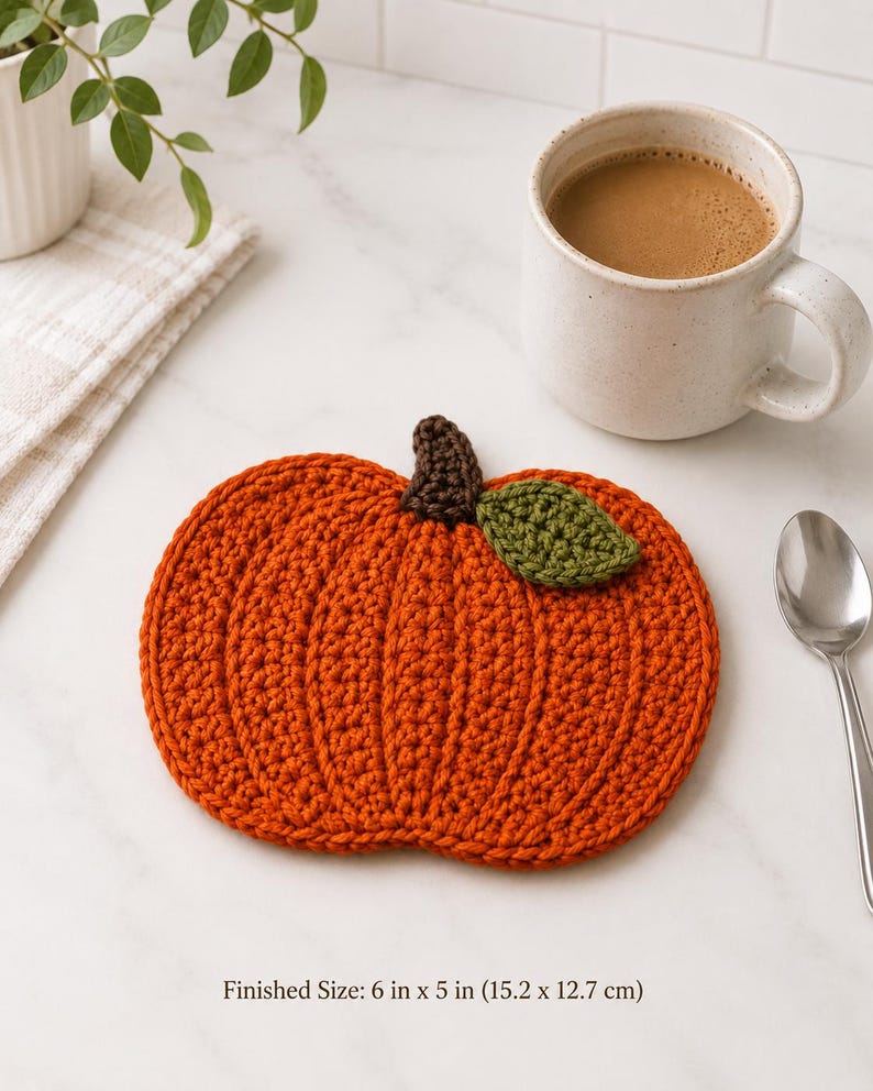 pumpkin mug rug, fall mug rug pattern, crochet mug rug, pumpkin coaster, fall crochet pdf, autumn crochet, crochet pattern pdf, thanksgiving decor, fall table decor, pumpkin crochet, seasonal mug rug, crochet coaster, ribbed pumpkin