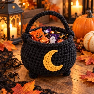May include: A black crocheted cauldron basket with a handle and three small feet, featuring a yellow crescent moon appliqué on the front. The basket is filled with various Halloween-themed candy wrappers, including orange pumpkin and white ghost designs.