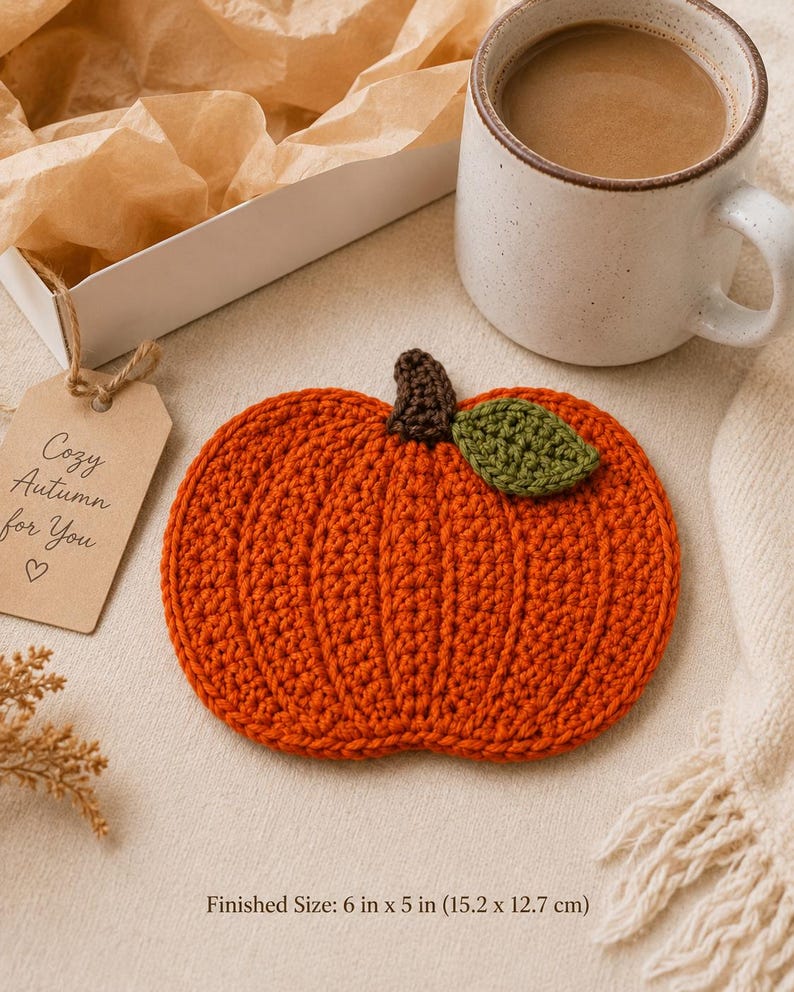 pumpkin mug rug, fall mug rug pattern, crochet mug rug, pumpkin coaster, fall crochet pdf, autumn crochet, crochet pattern pdf, thanksgiving decor, fall table decor, pumpkin crochet, seasonal mug rug, crochet coaster, ribbed pumpkin