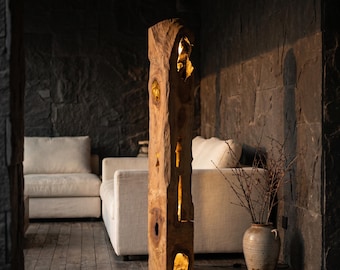 Wabi-Sabi Holzoptik Stehlampe | Organische Hohlholzskulptur | Japandi Ambient Eckleuchte | Rustikale Zen Schlafzimmer Dekor