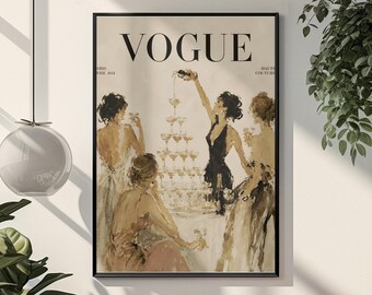 Esthetische champagne-feesttoren Vogue-poster | Elegante mode-aquarelprint | Luxe geïnspireerde muurkunst | Leuke slaapkamerkunst in Stockholm-stijl