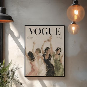 May include: A framed Vogue magazine cover from June 1st, 1950, featuring a watercolor painting of five women in dresses. The women are in various poses with their arms raised. The color palette includes pink, white, black, and green.