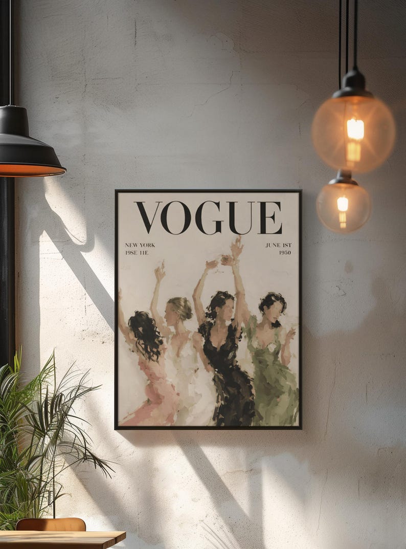 May include: A framed Vogue magazine cover from June 1st, 1950, featuring a watercolor painting of five women in dresses. The women are in various poses with their arms raised. The color palette includes pink, white, black, and green.