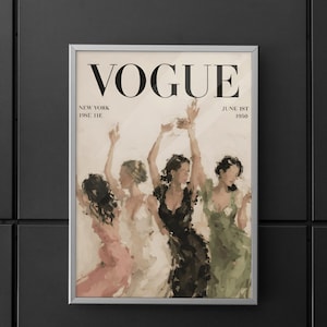 May include: A framed Vogue magazine cover from June 1st, 1950, featuring a watercolor painting of five women in dresses. The magazine title is in large black letters, with the location and date below.