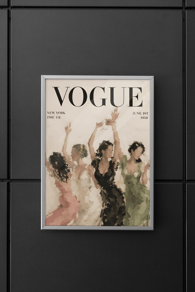 May include: A framed Vogue magazine cover from June 1st, 1950, featuring a watercolor painting of five women in dresses. The magazine title is in large black letters, with the location and date below.