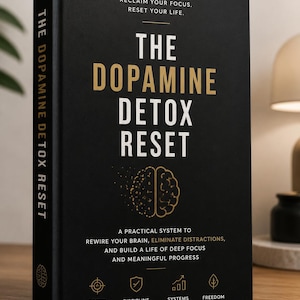 Puede incluir: Un libro negro titulado "The Dopamine Detox Reset" con letras doradas. La portada incluye el texto "Reclaim Your Focus. Reset Your Life." y un gráfico de un cerebro. El libro promete un sistema para reconectar el cerebro y construir el enfoque.