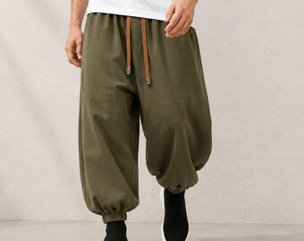 Men's Cotton Harem Pants, Loose Fit Drawstring Streetwear Trousers