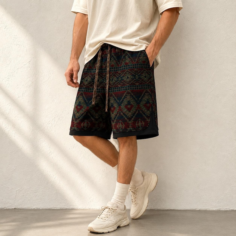 May include: Knee-length shorts featuring a dark, multi-colored geometric pattern in shades of red, green, and black. The shorts have an elastic waistband with a drawstring, a solid black hem detail, and a relaxed fit, paired with a plain white t-shirt.