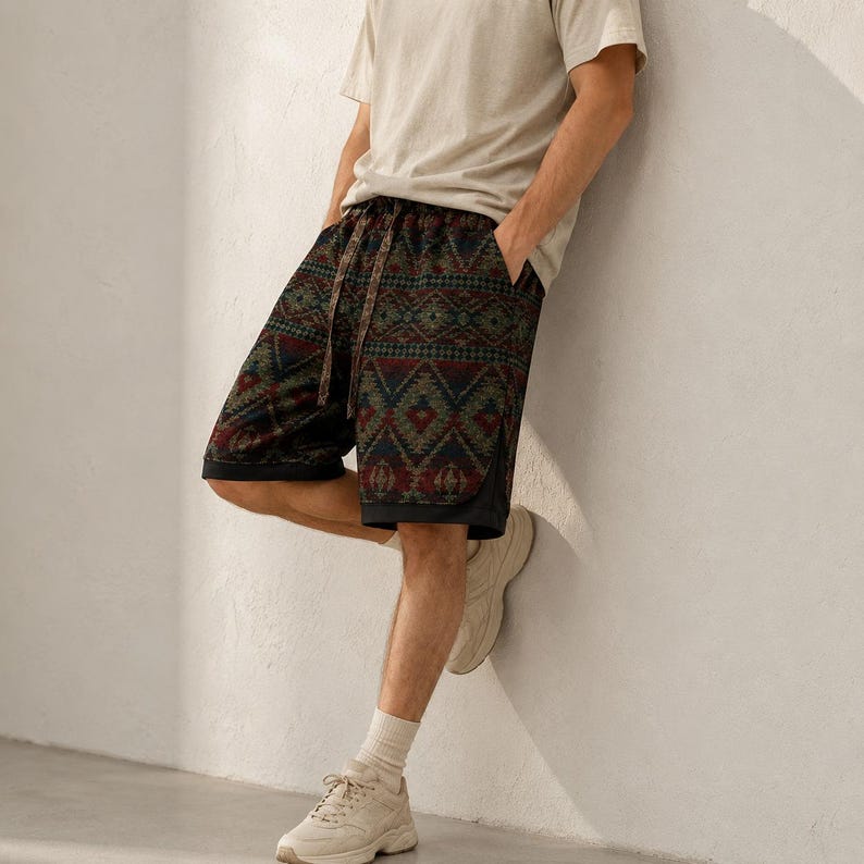 May include: Knee-length shorts featuring a dark-toned geometric pattern in shades of red, green, and blue. The shorts include a drawstring waistband, side pockets, and a solid black hemline detail, paired with a plain beige t-shirt and sneakers.