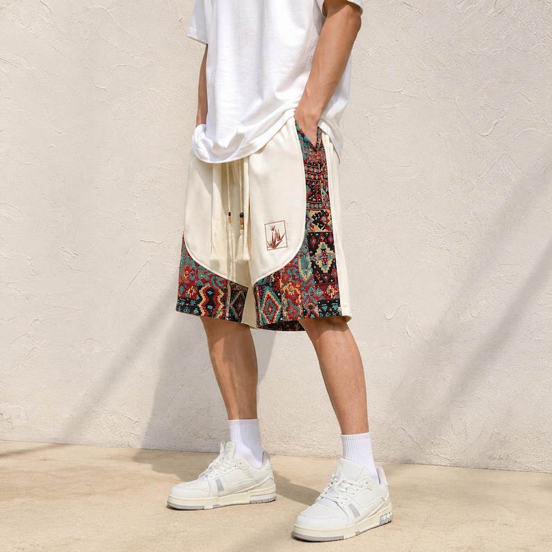 Herrshorts med bohemiskt lapptäcke, tribalmönster, avslappnad passform för stranden bild 10