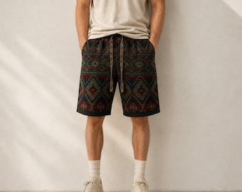 Herrshorts med geometriskt tribaltryck och dragsko, avslappnad passform, bomull och linne, sommar-Aloha Wear