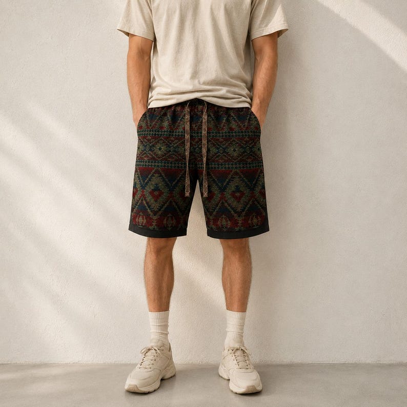 May include: A pair of shorts featuring a dark-toned geometric pattern in shades of red, green, and black, with a drawstring waistband and a solid black hem. The shorts are paired with a plain beige t-shirt, white crew socks, and beige sneakers.