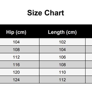 May include: A black and white size chart table with the heading Size Chart. The table lists sizes from M to 4XL with corresponding measurements in centimeters for hip, length, and waist. The hip values range from 104 to 124, length from 102 to 112, and waist from 68-94 to 82-110.