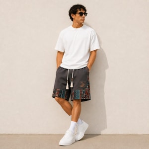 Herrshorts med bohemiskt lapptäcke, tribalmönster, avslappnad passform för stranden bild 17