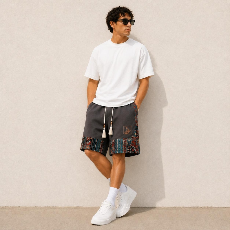 Herrshorts med bohemiskt lapptäcke, tribalmönster, avslappnad passform för stranden bild 17