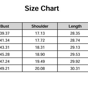 May include: A black and white size chart table with the heading Size Chart. The table lists sizes S through XXXL with corresponding measurements in inches for bust, shoulder, length, and sleeve. The values range from 39.37 to 49.21 for bust, 17.13 to 20.08 for shoulder, 28.35 to 30.31 for length, and 25.20 to 27.17 for sleeve.