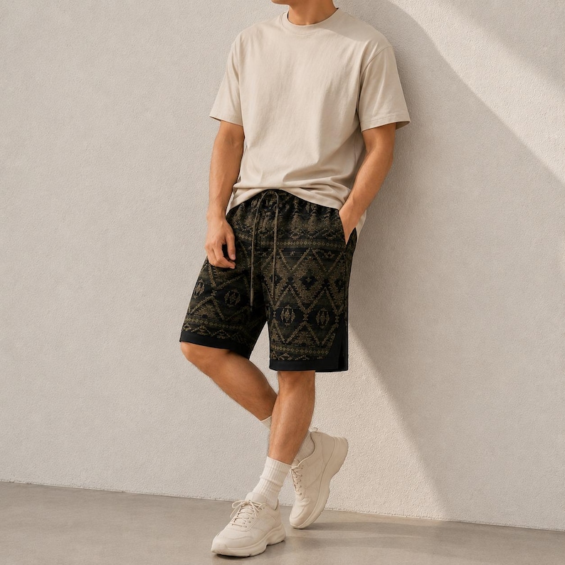 May include: A beige short-sleeve t-shirt paired with black shorts featuring a dark olive green geometric pattern. The shorts include an adjustable drawstring waistband and a relaxed fit. The outfit is completed with white athletic sneakers and socks.