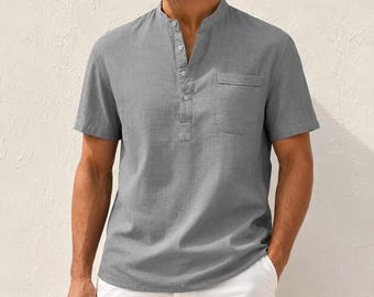 Men's Cotton Linen Shirt, Short Sleeve Mandarin Collar Pullover, Casual Beach Vacation Wear