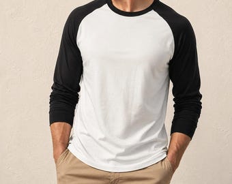 Men's Raglan Baseball Tee, Contrast Long Sleeve Crew Neck Shirt, Lightweight Polyester Top