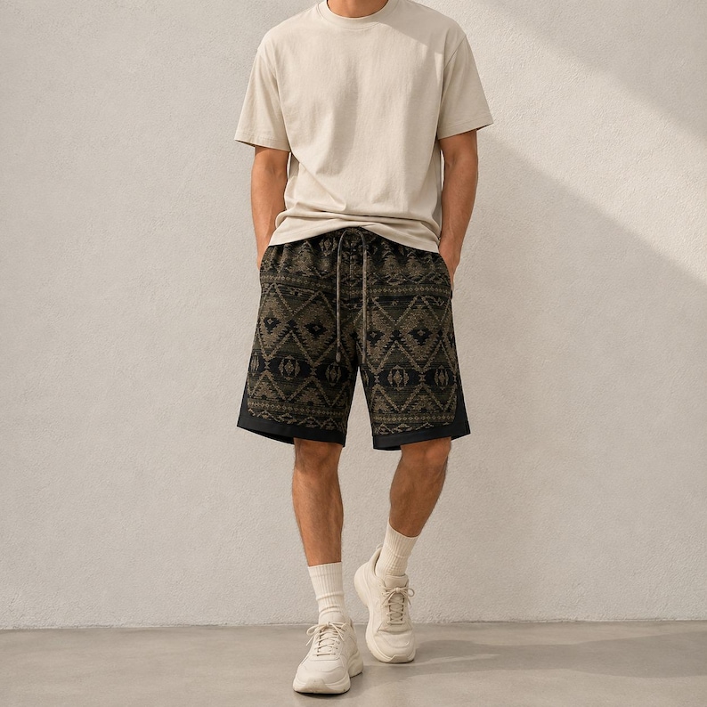 May include: A beige short-sleeve crew neck t-shirt paired with dark olive green and black patterned shorts featuring a geometric design and a drawstring waist. The outfit is completed with white crew socks and white athletic sneakers.