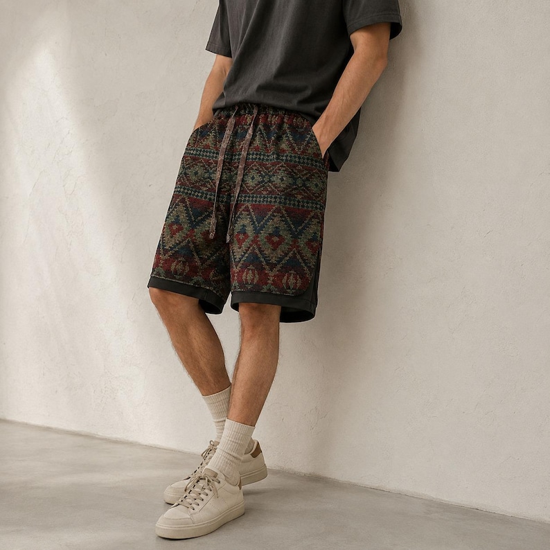 May include: Knee-length shorts featuring a dark-toned geometric pattern in shades of red, blue, and green. The shorts have an elastic waistband with a matching drawstring, paired with a plain dark gray t-shirt, white crew socks, and white sneakers.