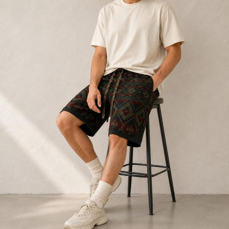 May include: A pair of shorts featuring a dark, multi-colored geometric pattern with red, green, and blue accents, paired with a plain cream-colored short-sleeved t-shirt, white crew socks, and light-colored athletic sneakers with laces.