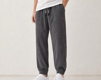 Men's Ribbed Jogger Pants, Drawstring Waist, Elastic Cuffs
