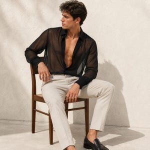 Men's Black Sheer Shirt, Mesh Button Down Shirt, Long Sleeve See Through Top, Resort Wear Men, Vacation Outfit, Party Clubwear Shirt image 9