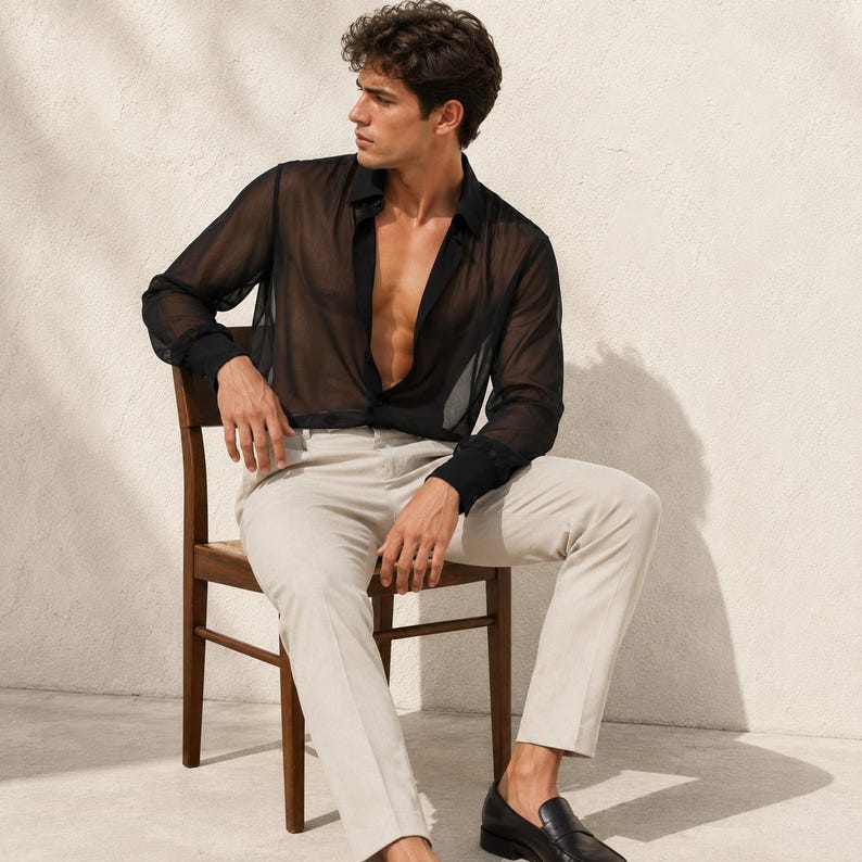Men's Black Sheer Shirt, Mesh Button Down Shirt, Long Sleeve See Through Top, Resort Wear Men, Vacation Outfit, Party Clubwear Shirt image 9