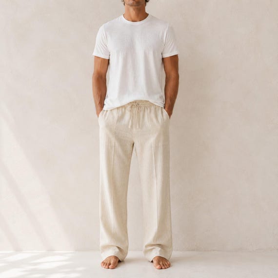 Men's Cotton Lounge Pants, Wide Leg Drawstring Trousers, Casual Beach Vacation Wear