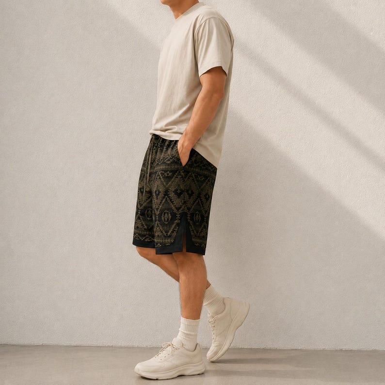 May include: A beige short-sleeve t-shirt paired with dark olive green shorts featuring a black geometric pattern. The shorts have a solid black side panel detail and a straight hemline. The outfit is completed with white athletic sneakers and white socks.