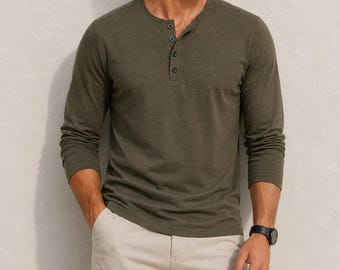 Men's Cotton Blend Long Sleeve Henley Shirt, Casual Button Neck Top