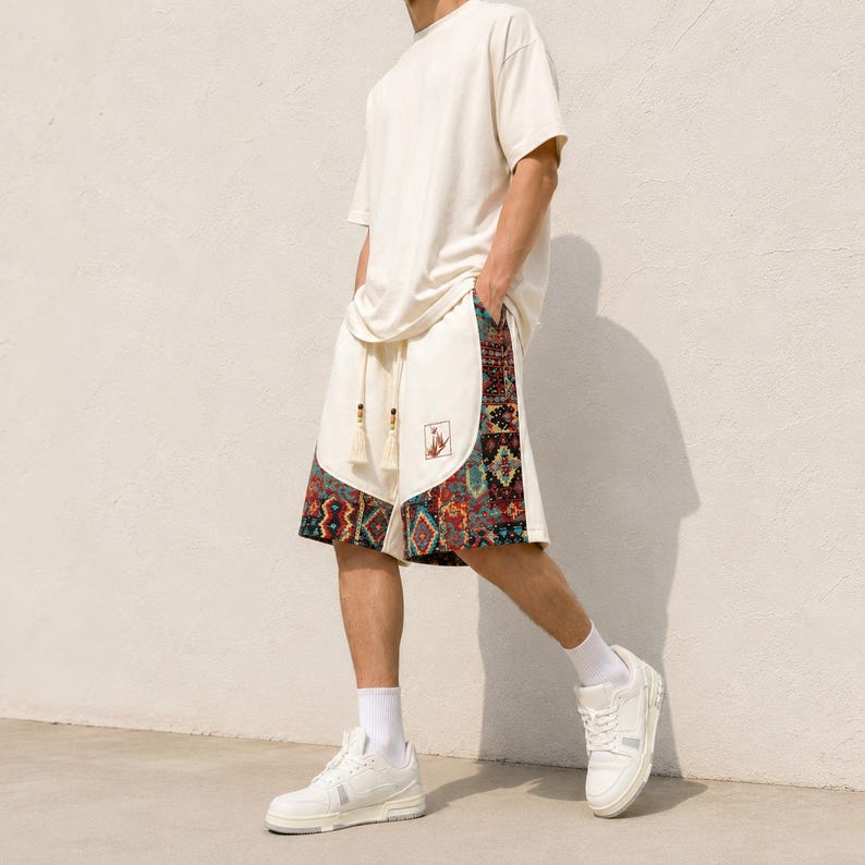 Herrshorts med bohemiskt lapptäcke, tribalmönster, avslappnad passform för stranden bild 18