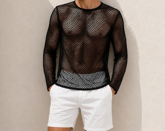 Black Mesh Long Sleeve Shirt Men, Lightweight Open Knit Top, Breathable Resort Wear, Vacation Outfit, Modern Casual Fashion Tee