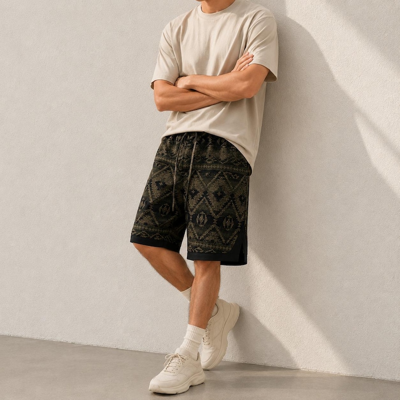 May include: A beige short-sleeve t-shirt paired with black shorts featuring a dark olive green geometric diamond pattern. The shorts include a drawstring waistband and solid black side panels. The outfit is completed with white socks and white sneakers.