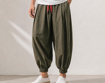 Men's Cotton Harem Pants, Relaxed Fit Boho Lounge Trousers
