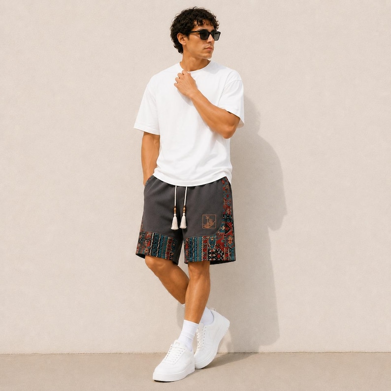 Herrshorts med bohemiskt lapptäcke, tribalmönster, avslappnad passform för stranden bild 20