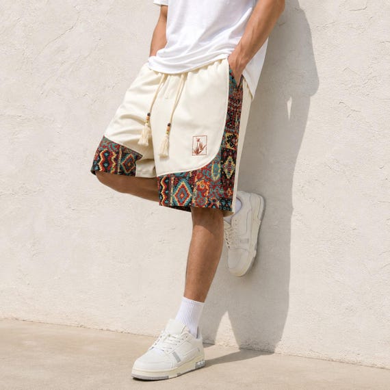 Men's Boho Patchwork Shorts, Tribal Pattern, Relaxed Fit Beach Wear