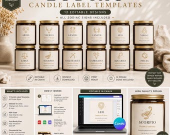 Bundel bewerkbare Zodiac Candle-labels | Astrologiecollectiesjablonen (74 x 74 mm)