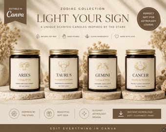 Editable Zodiac Candle Labels Bundle | Astrology Collection Templates (74x74mm)
