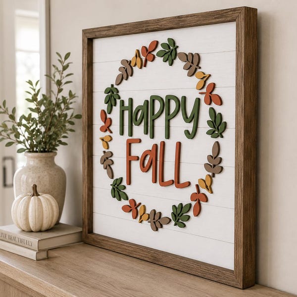 Happy Fall SVG | Fall Wreath Laser Cut File | 3D Wood Sign SVG | Autumn Sign | XCS File for xTool | Cricut Glowforge