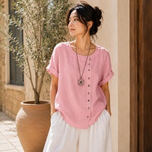 Camicetta estiva da donna con bottoni decorativi – Top ampio in lino, camicia boho a maniche corte, elegante per la spiaggia, abbigliamento femminile