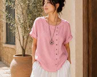 Camicetta estiva da donna con bottoni decorativi – Top ampio in lino, camicia boho a maniche corte, elegante per la spiaggia, abbigliamento femminile