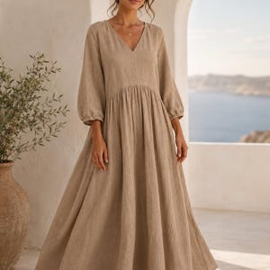 Boho Cotton Linen Maxi Dress for Women, Handmade V-Neck Long Dress, Loose A-Line Flowy Dress Oversized Plus Size Summer Beach Vacation Dress